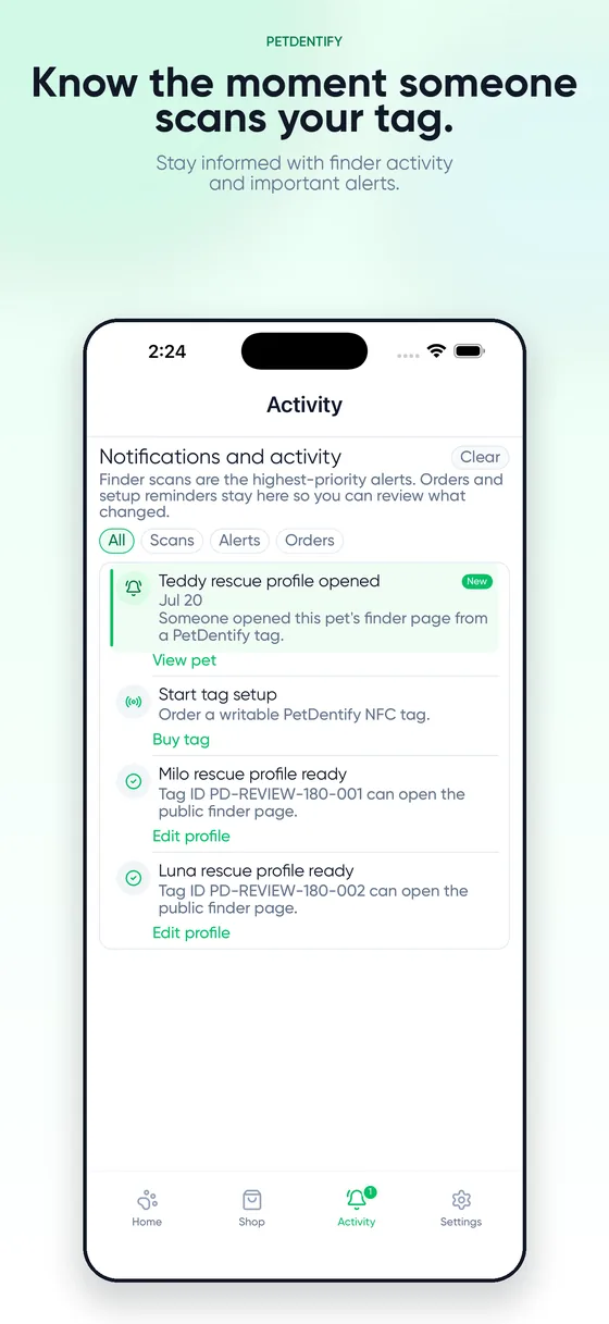 The PetDentify Activity screen listing a rescue profile opened alert and setup reminders
