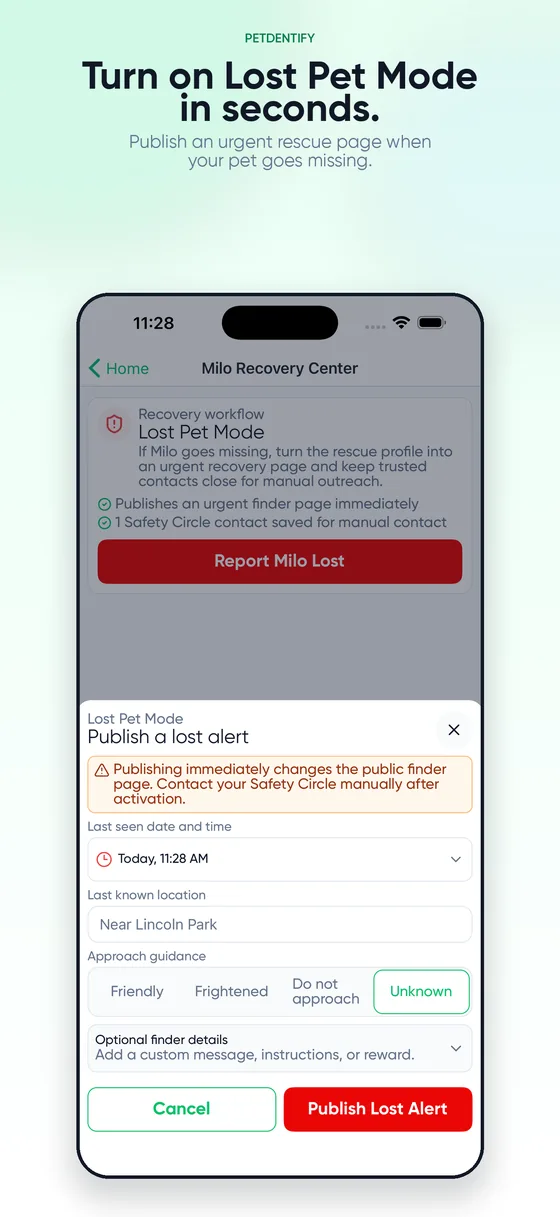The PetDentify Lost Pet Mode screen with last-seen details, approach guidance, and a reward field