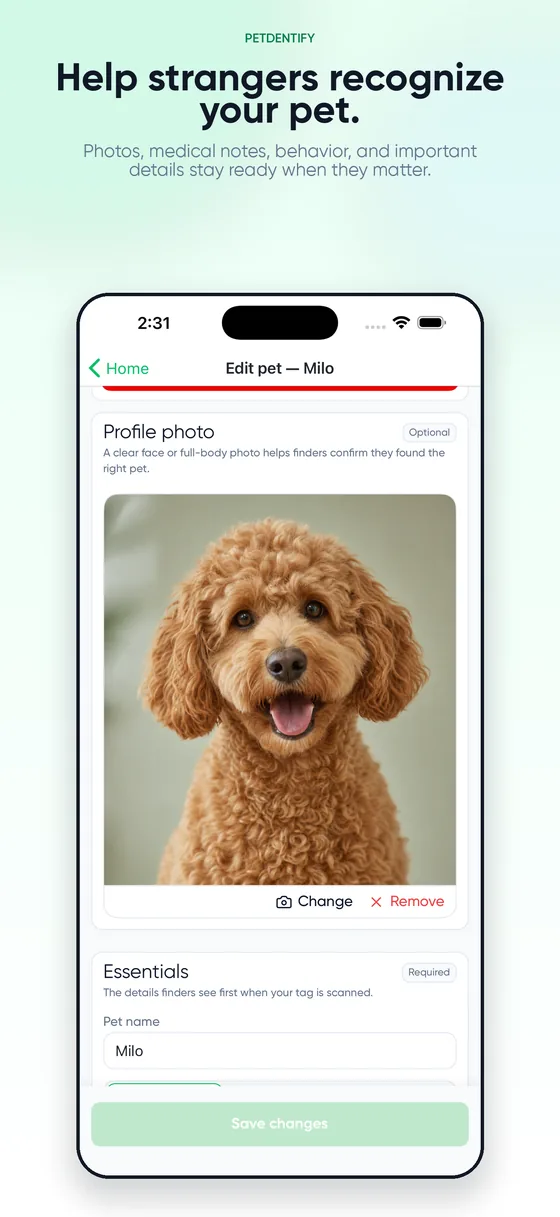 Editing a pet profile in the PetDentify app, showing the profile photo and the required Essentials section