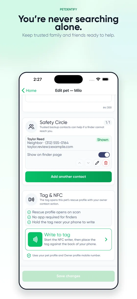 The Safety Circle section of the PetDentify app, with a contact shown on the finder page and a Write to tag control